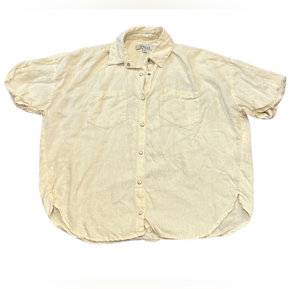 Etica Ash Short Sleeve Oversized Linen Button Down Shirt | Chrysanthemum | Small
